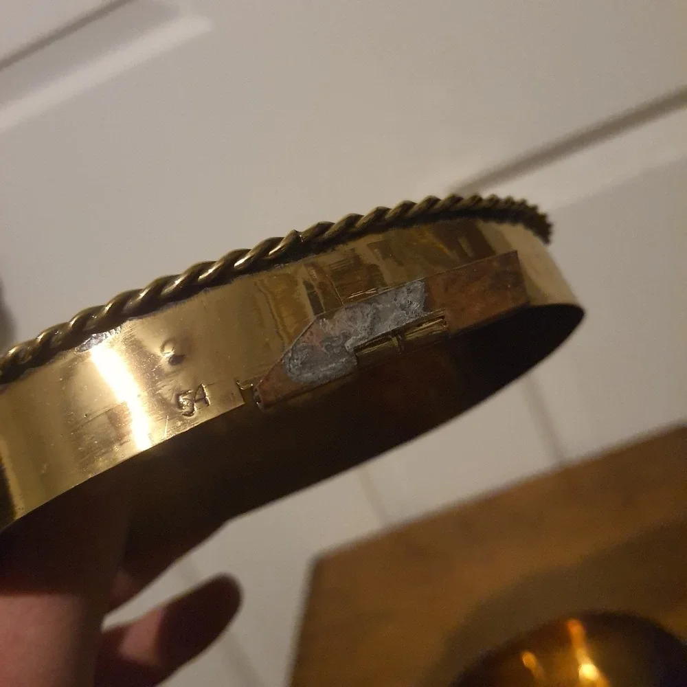 Vintage Oval Shape Hinged Lid Gold Tone Tin Trinket Box Braided Rim Detail *
